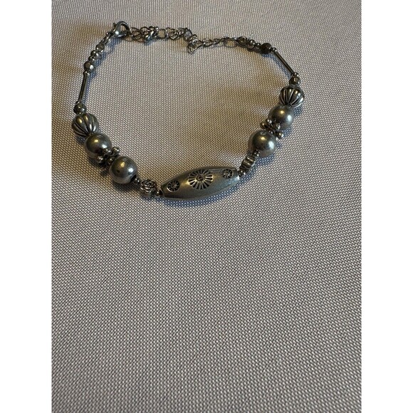 Vintage Silvertone Beaded Bracelet Floral Etched Center Adjustable Lobster Clasp - Picture 1 of 5